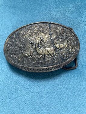 Vintage Rocky Mountains Brass Deer Belt Buckle - Bronze Finish